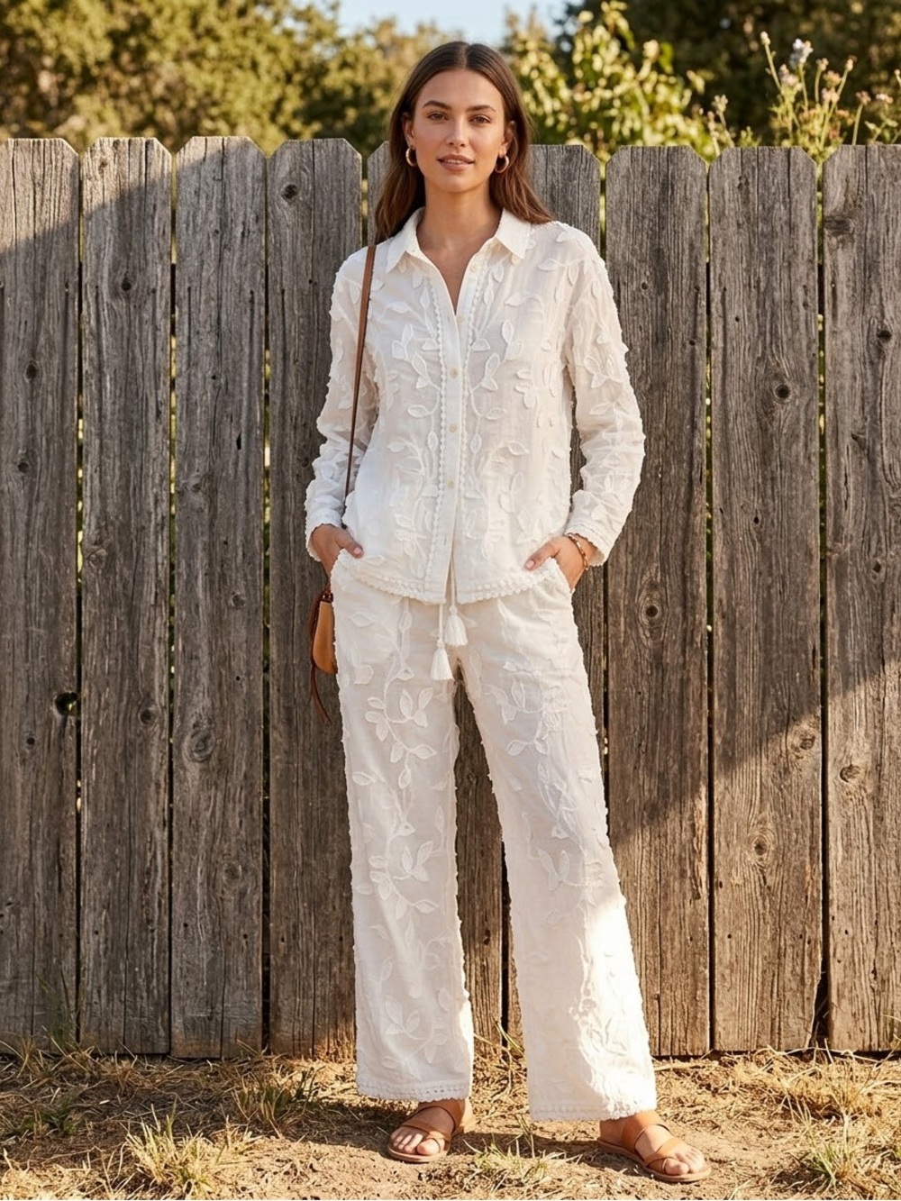 NWT Women's Embroidered semi sheer jacquard Pantsuit White Ladies SZ M Brand New